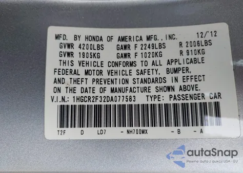 2013 Honda Accord Lx из США, поврежденный, VIN 1HGCR2F32DA077583